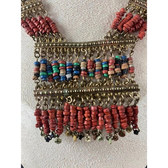 Vintage Ethnic Tribal Necklace With Multicolor Beads & Metal Links Orange Gold A - Picture 3 of 7